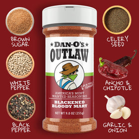 Dan-O's Outlaw Blackened Bloody Mary bottle raises rim flavor and cocktail spice.