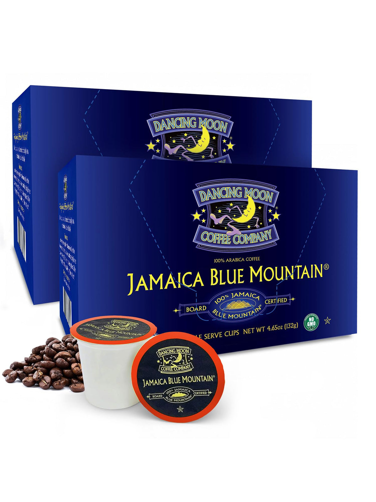 Dancing Moon Jamaica Blue Mountain pods pack for Keurig brewers, aroma-rich.