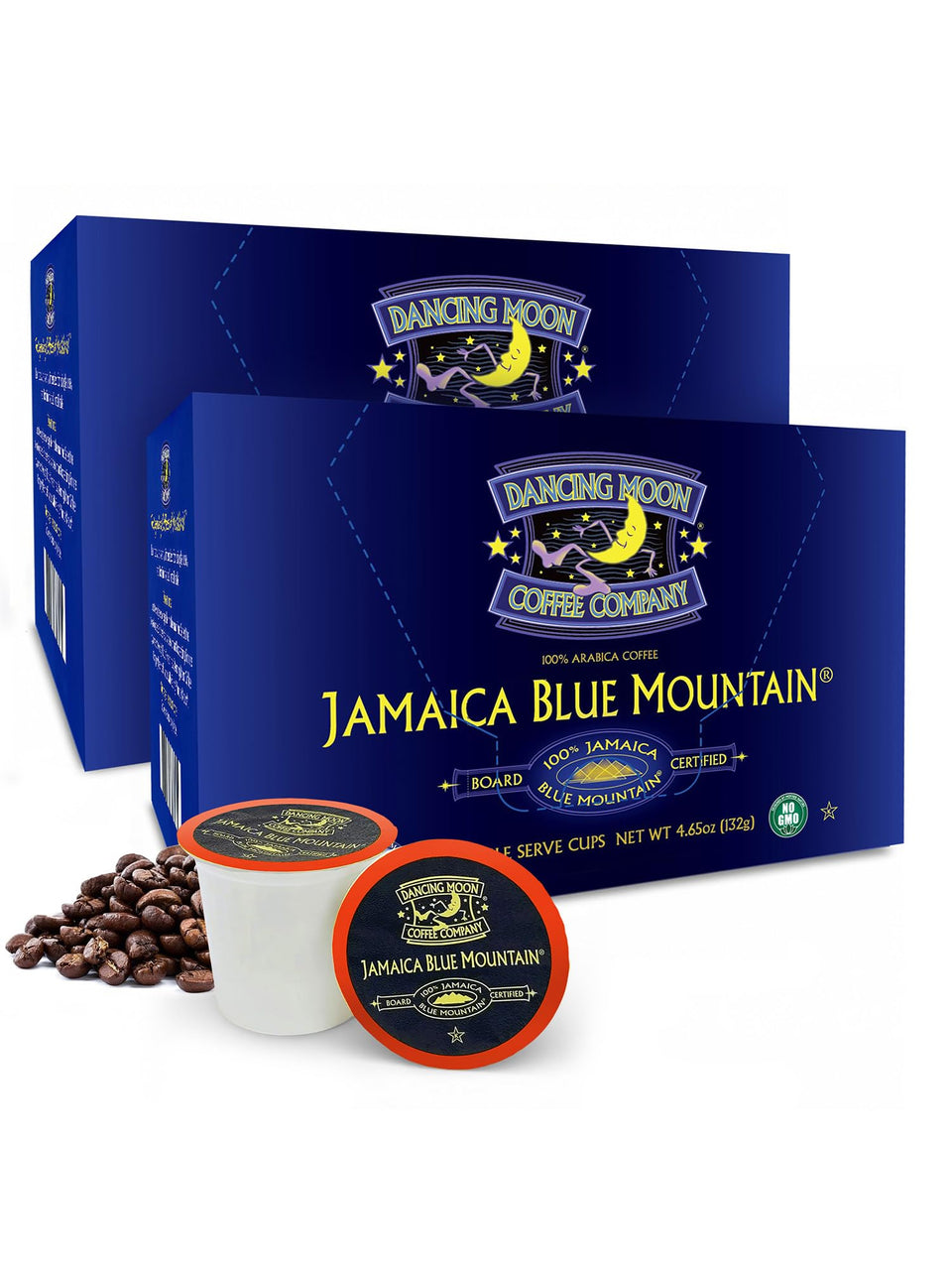 Dancing Moon Jamaica Blue Mountain pods pack for Keurig brewers, aroma-rich.