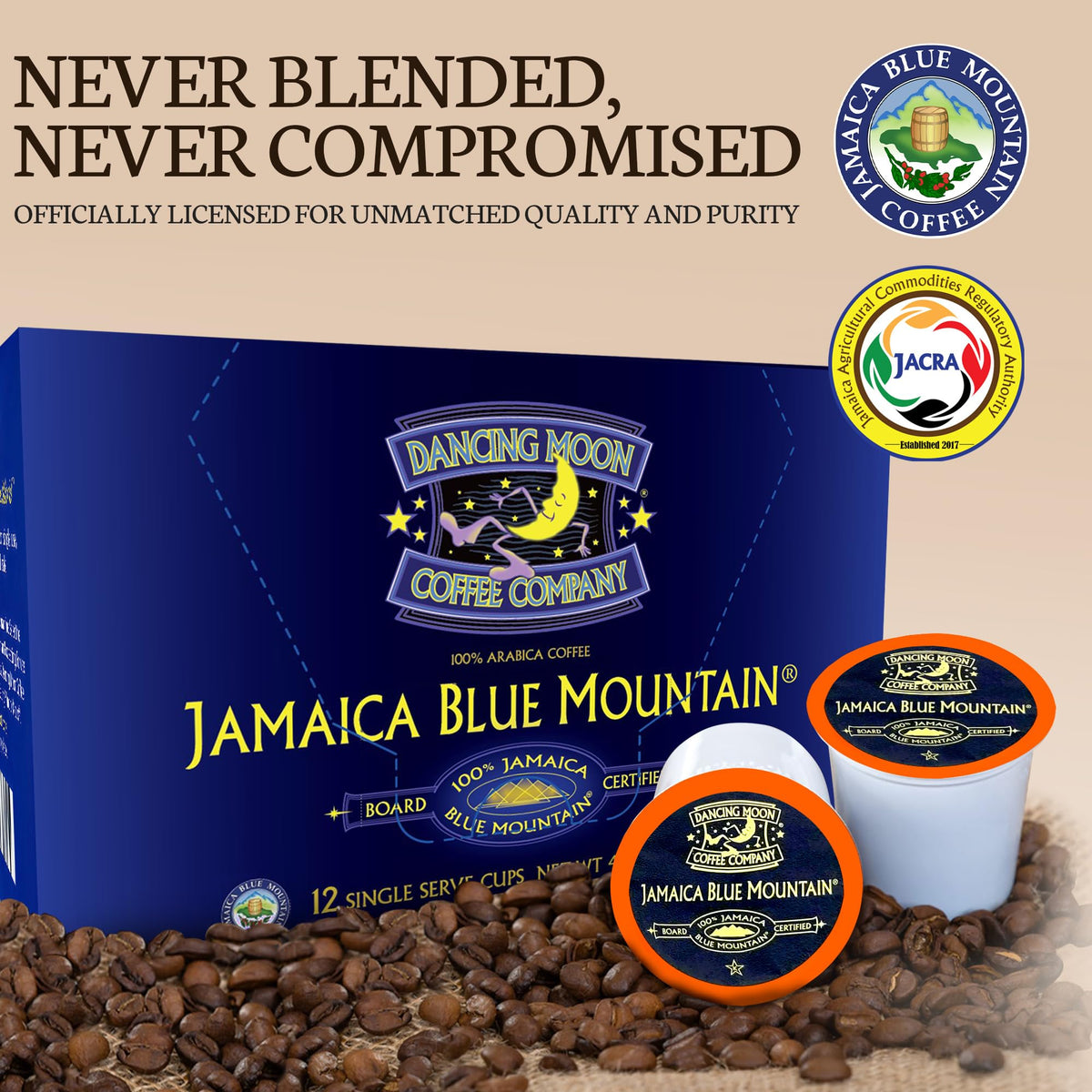 Dancing Moon Coffee Pods charity initiative label showing Semper Fi donation