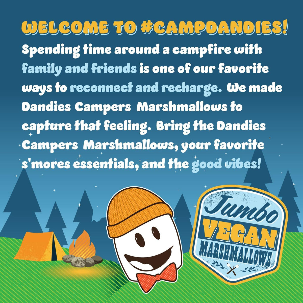 Dandies Jumbo Campers on a roasting stick during camping.