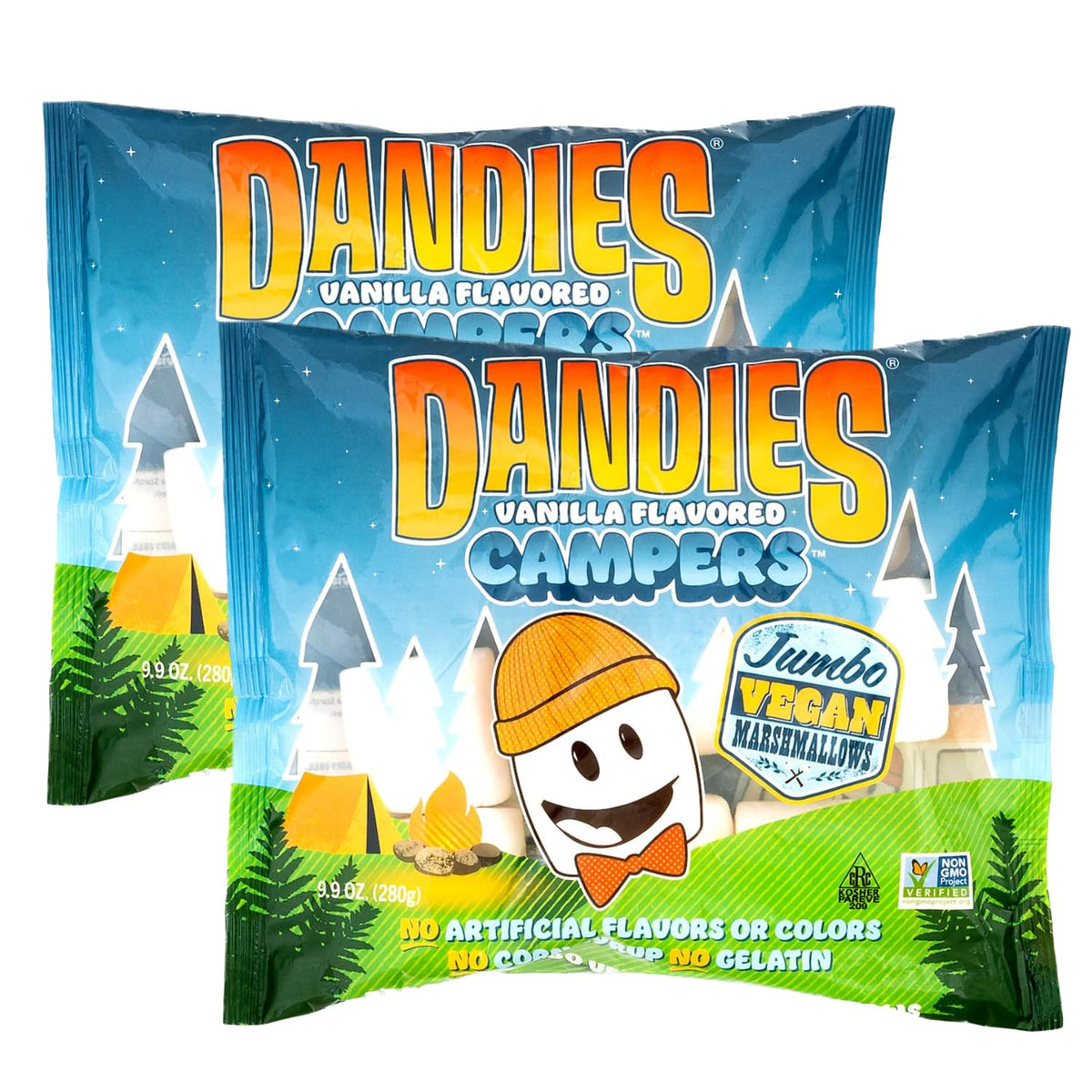Dandies Jumbo Campers packaging shown for vegan camping snacks.