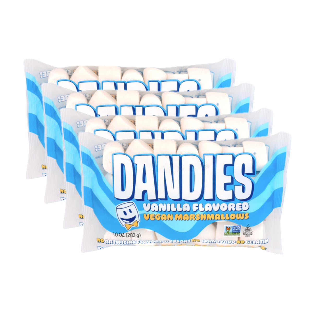 Dandies vegan marshmallows 4-pack 10 oz, ideal for roasting and snacking.
