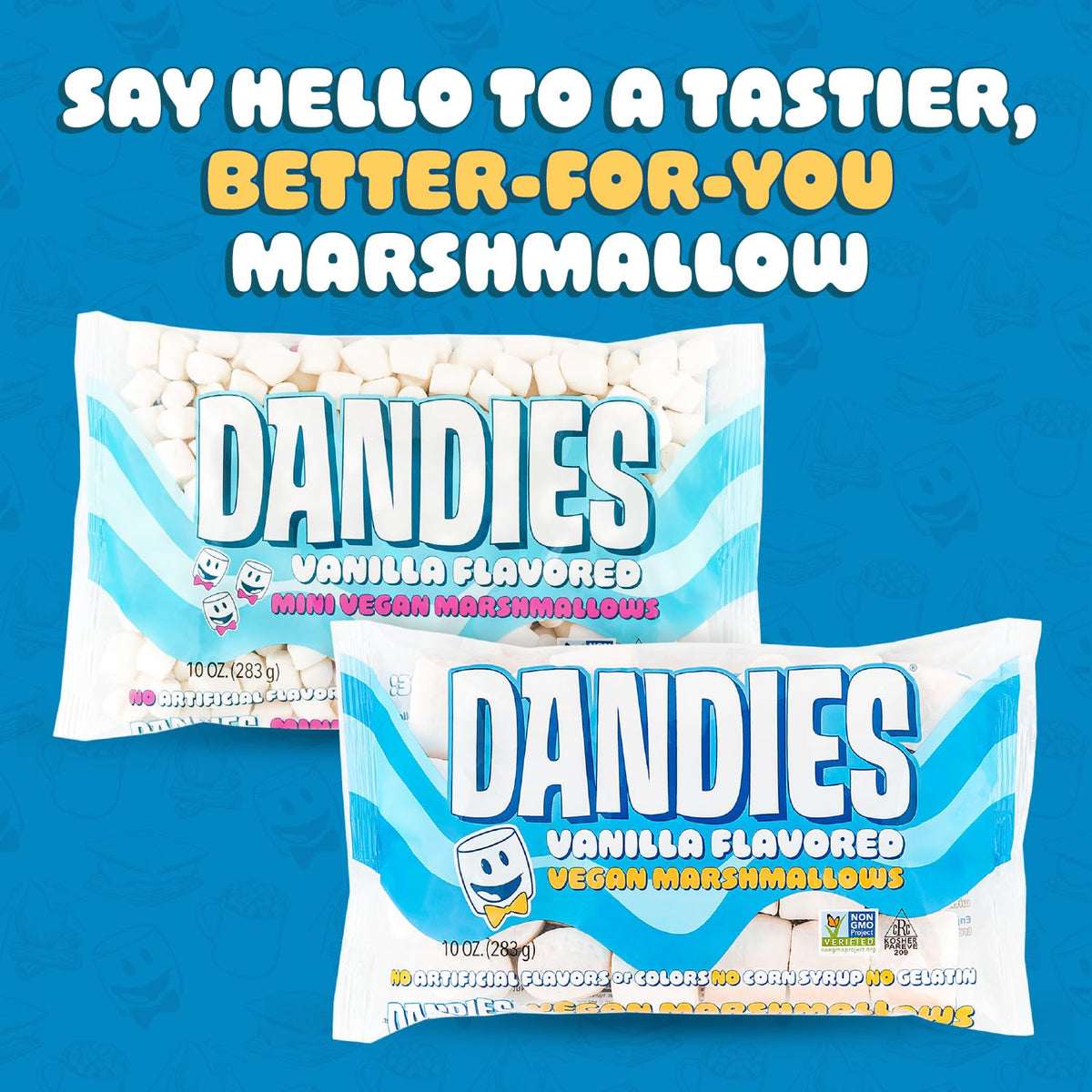 Dandies vegan marshmallows packaging highlights kosher and non-GMO.