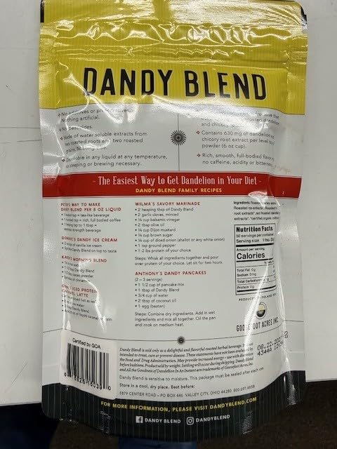 Dandy Blend 50-cup bag open, ready for quick, caffeine-free mornings.