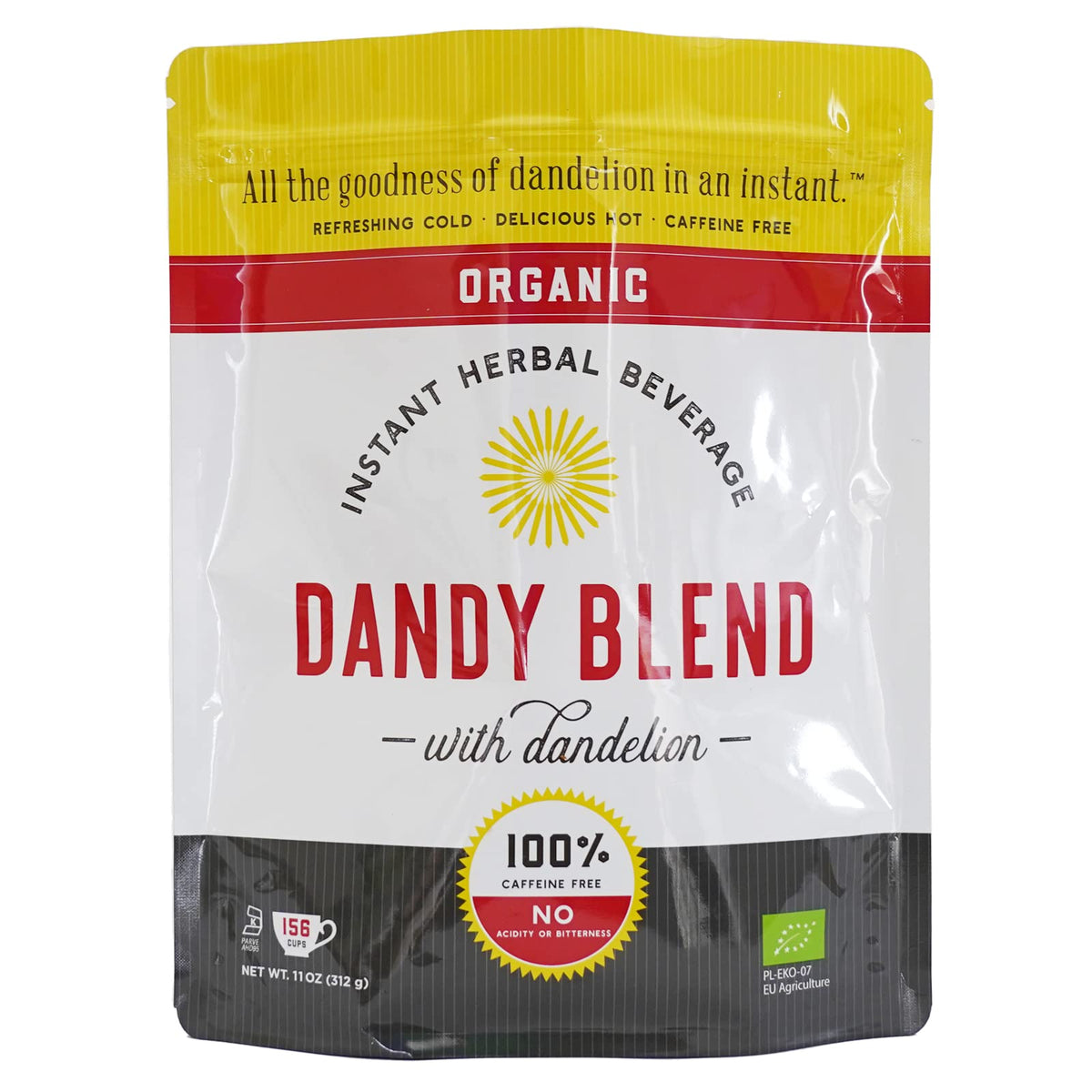 Dandy Blend bag and cup ready for a warm caffeine-free coffee substitute