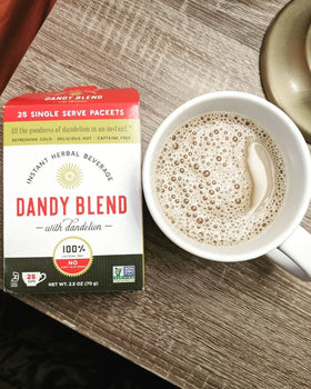 Close-up of Dandy Blend dandelion root and chicory blend ingredients.