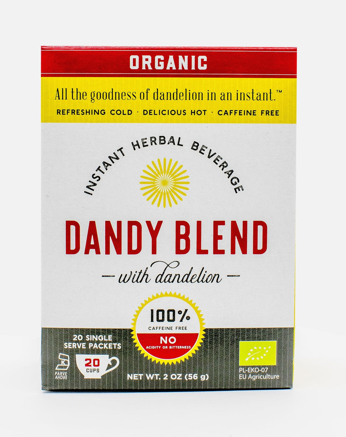 Dandy Blend ingredients include dandelion, chicory, barley, and rye for depth.