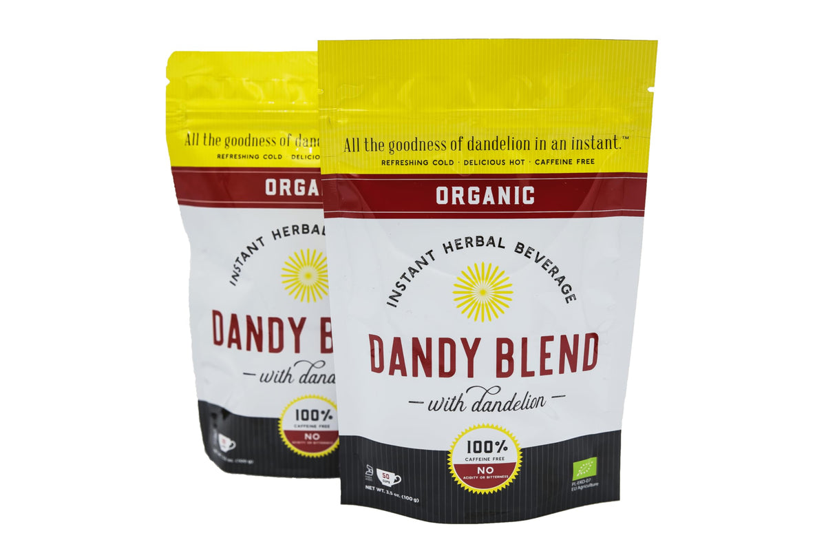 Dandy Blend instant beverage in a hot cup, caffeine-free coffee substitute.