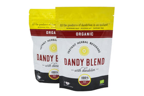 Dandy Blend instant beverage in a hot cup, caffeine-free coffee substitute.