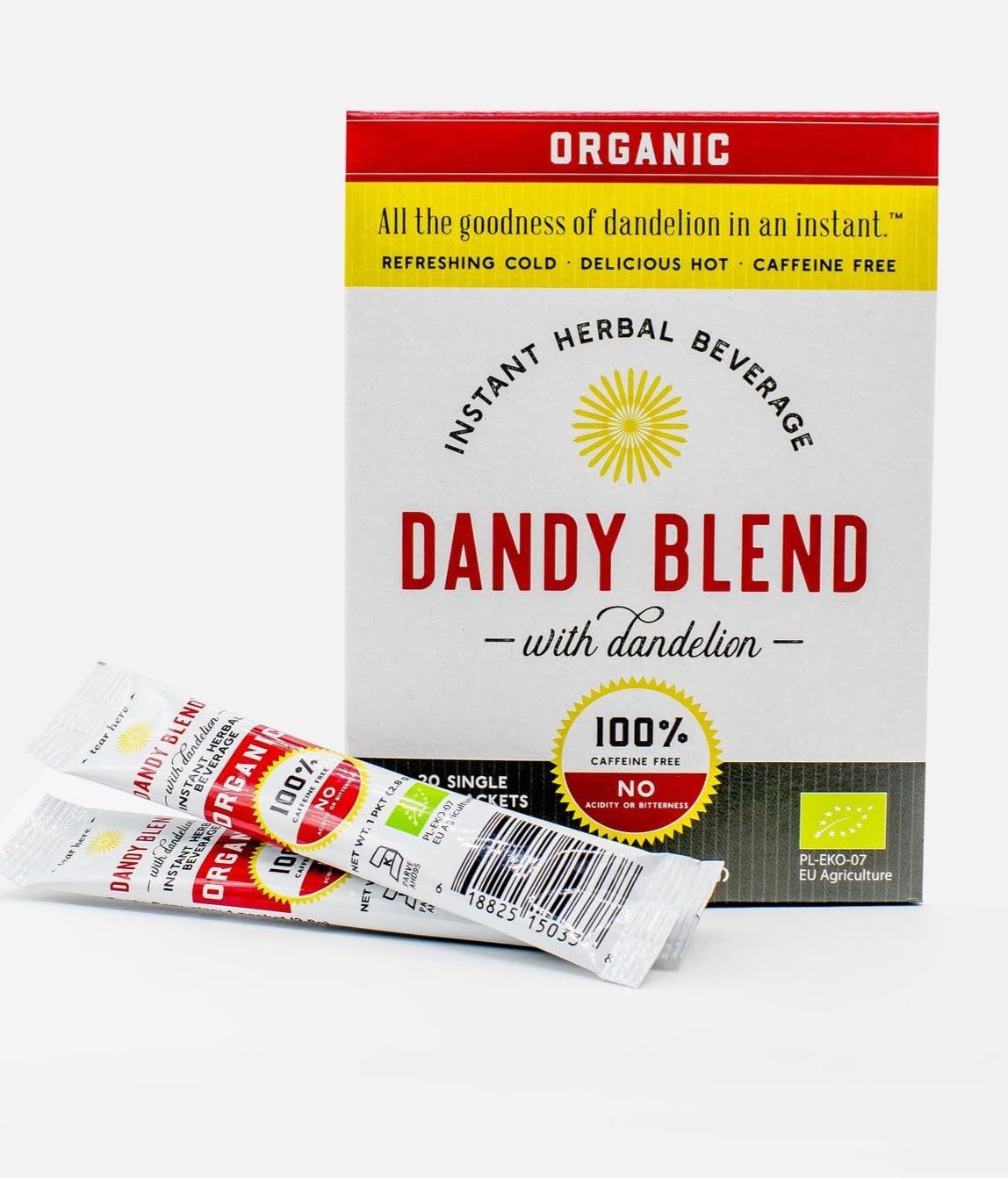 Dandy Blend organic instant herbal beverage box front, convenient caffeine-free option.