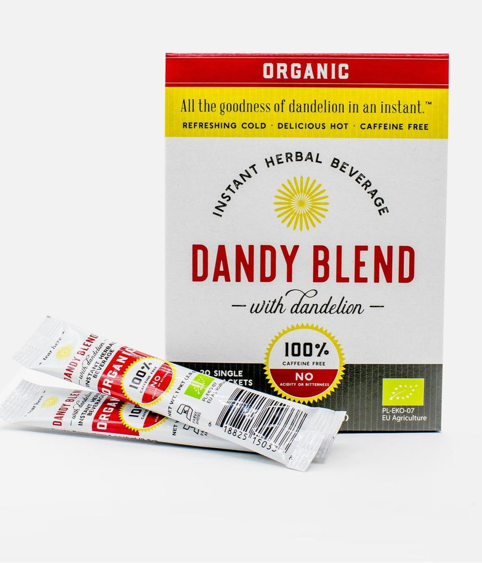 Dandy Blend organic instant herbal beverage box front, convenient caffeine-free option.