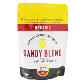 Dandy Blend organic instant herbal beverage packaging for caffeine-free coffee substitute.