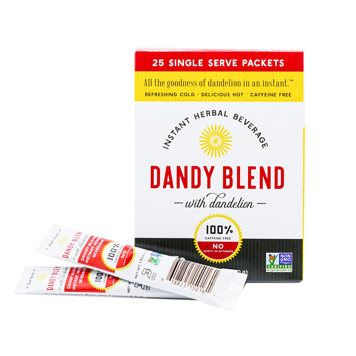 Dandy Blend original instant herbal beverage box shows caffeine-free, non-GMO formula.