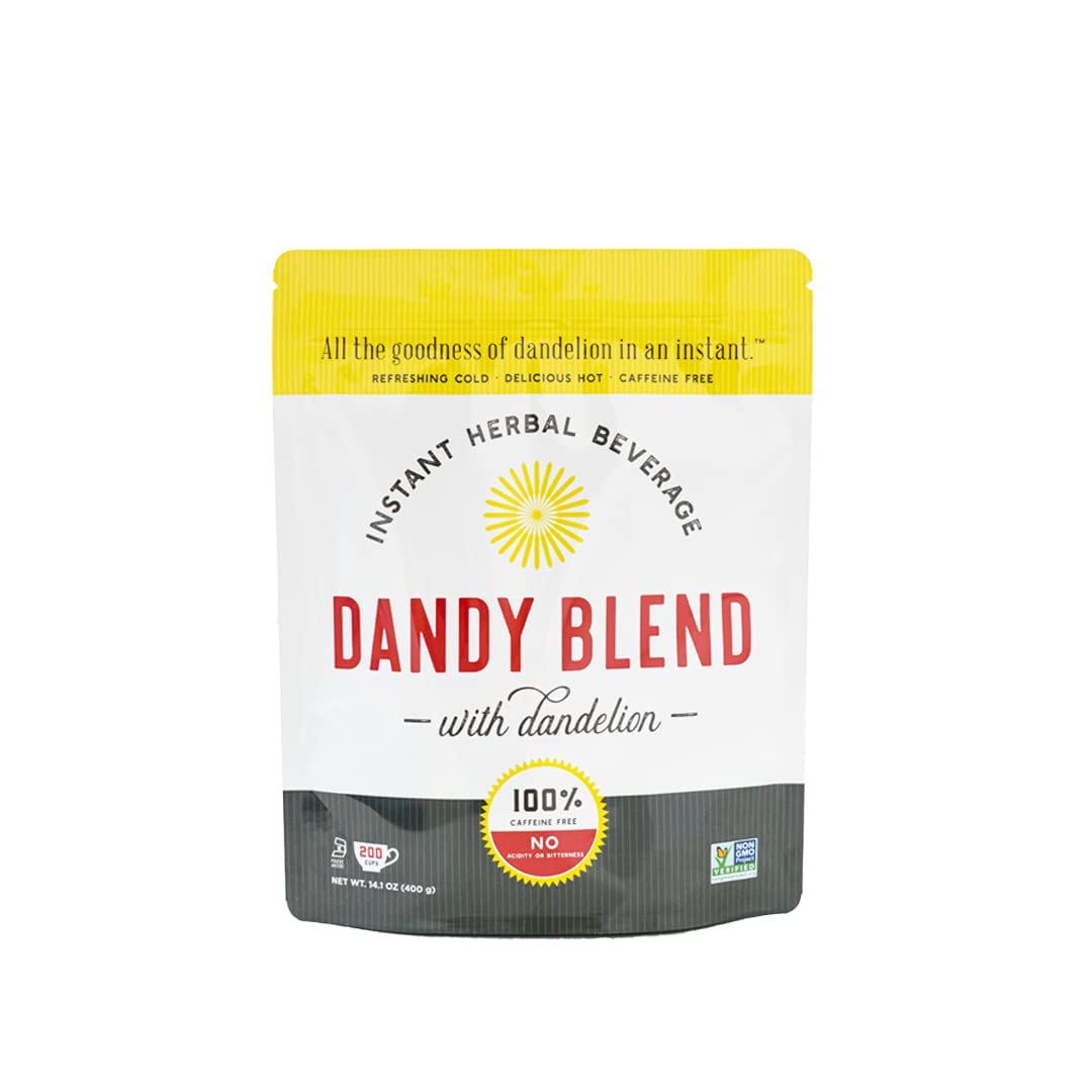 Dandy Blend package front shows the caffeine-free herbal beverage for daily use.