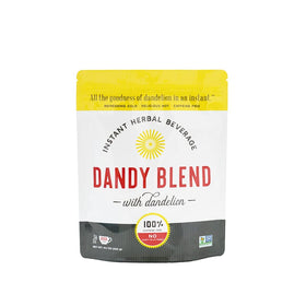 Dandy Blend package front shows the caffeine-free herbal beverage for daily use.