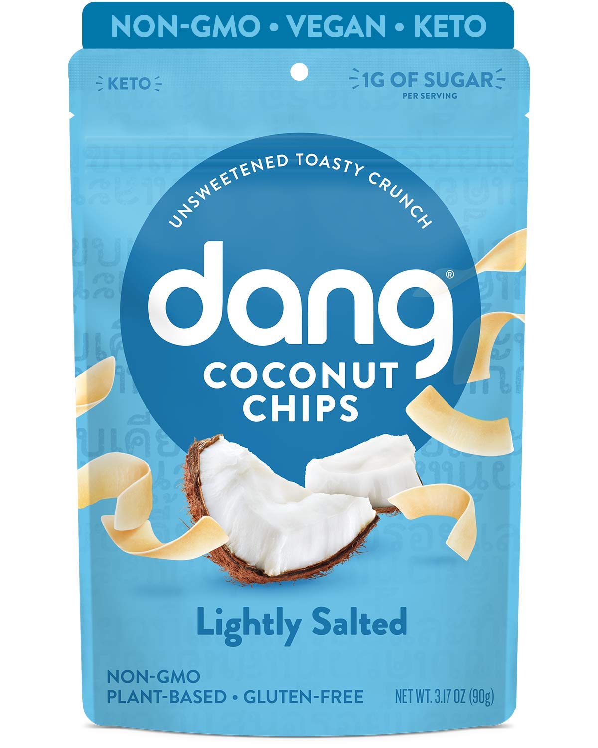 Dang Coconut Chips front of bag shows natural toasted crunch