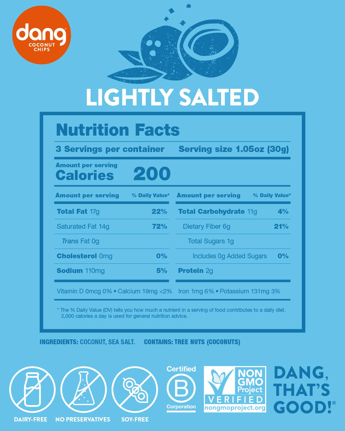Gluten-free vegan label on Dang Coconut Chips packaging