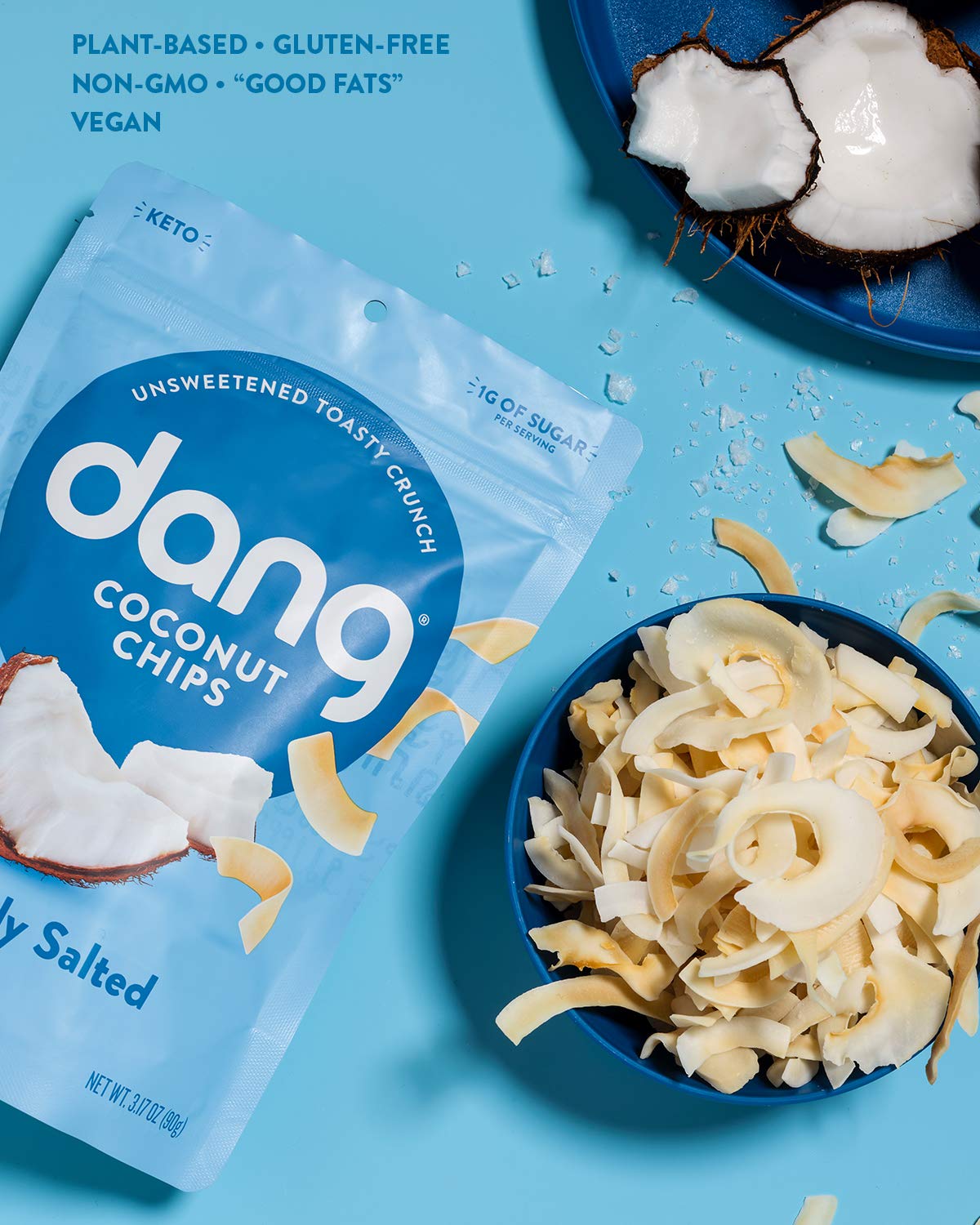 Dang Coconut Chips resealable bag open for easy, fresh-snack portability
