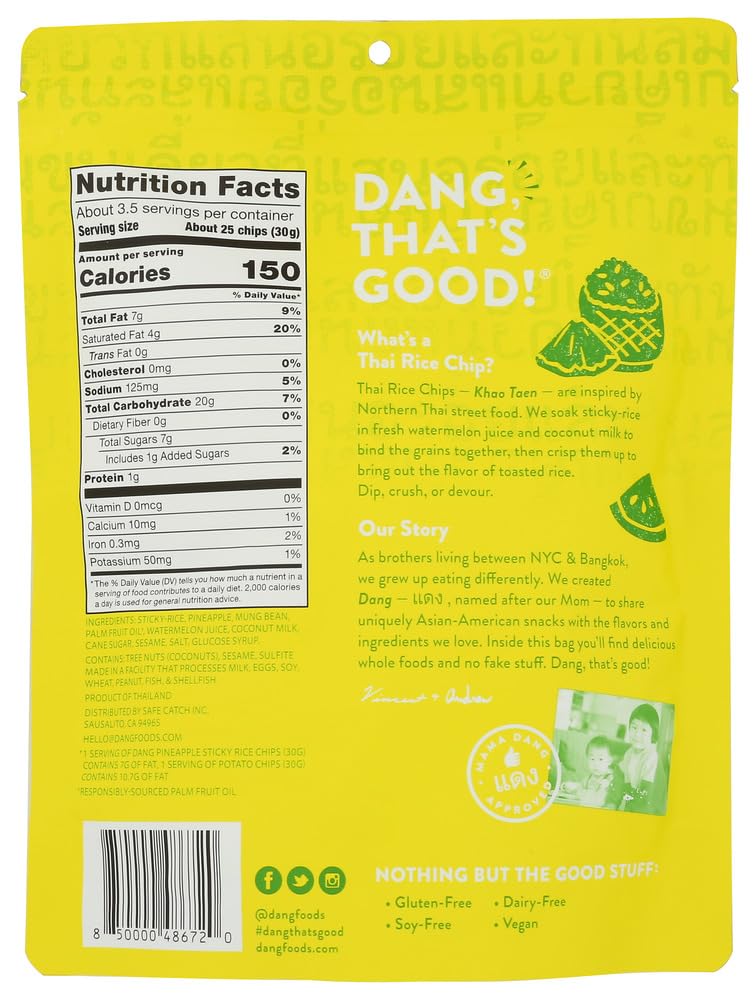 DANG Pineapple Thai Rice Chips closeup reveals pineapple notes, great for sharing at parties.