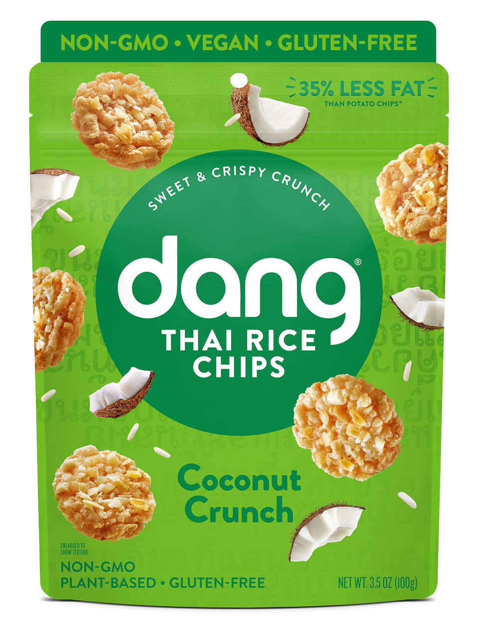 DANG Sticky Rice Chips coconut crunch in bag, gluten-free snack perfect for on-the-go.