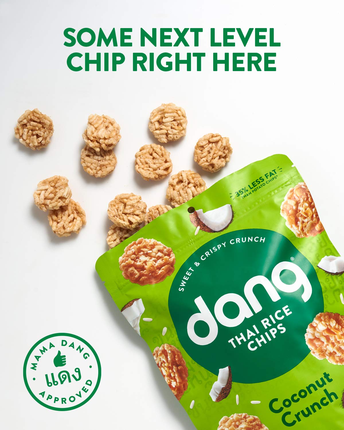 Close-up of DANG chips showing toasted rice texture and coconut chips.