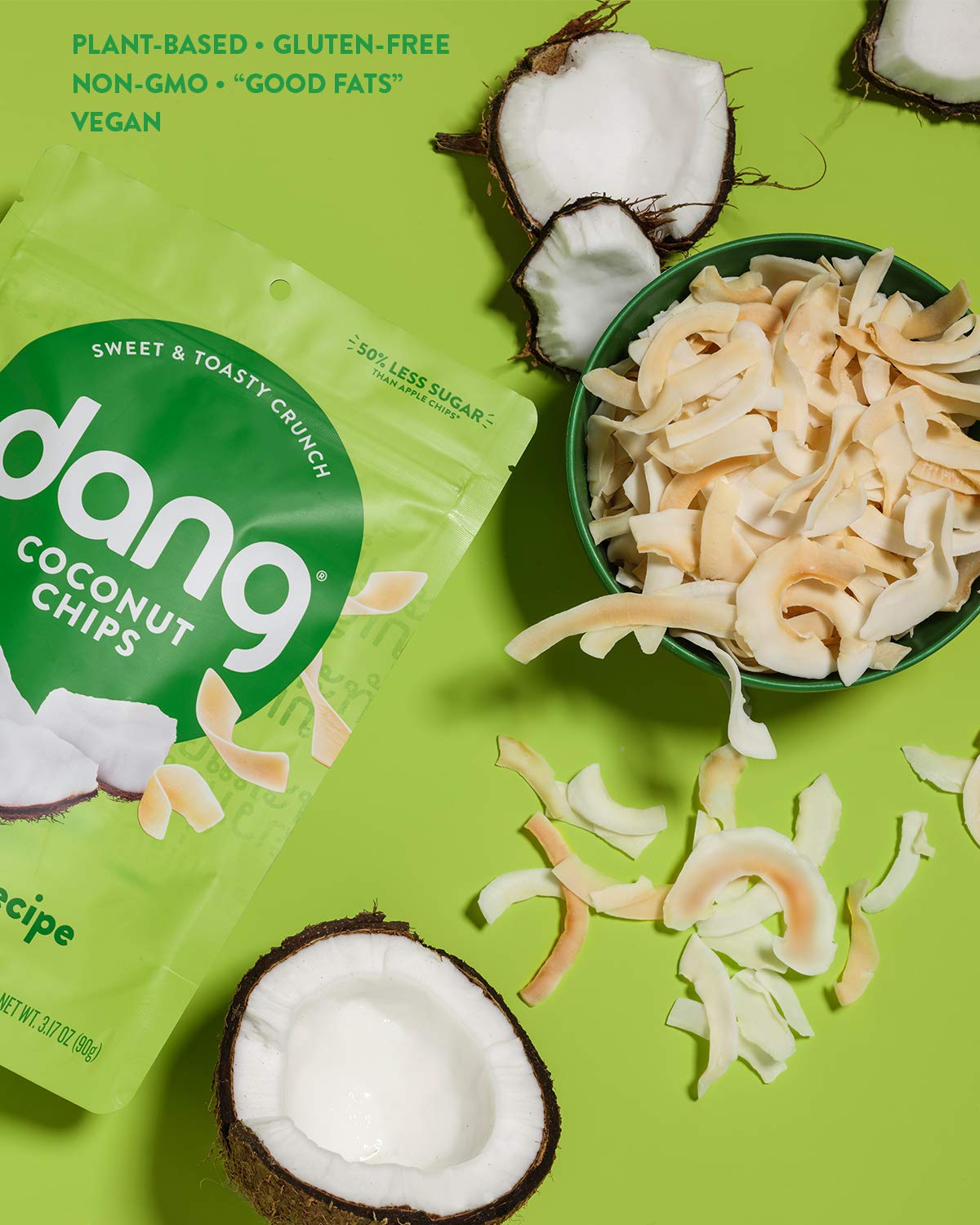 Dang Toasted Coconut Chips Original with 50 percent sugar claim visible on label