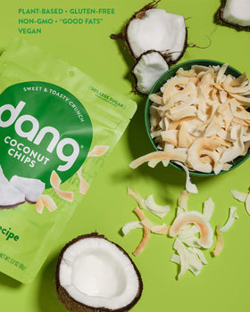 Dang Toasted Coconut Chips Original with 50 percent sugar claim visible on label