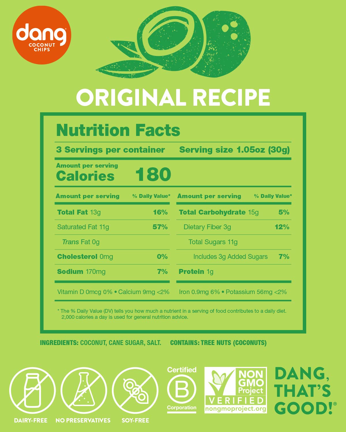Dang Toasted Coconut Chips three-ingredient simplicity highlighted on packaging