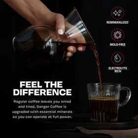 Danger Coffee bag label showing lab-tested mold-free seal.