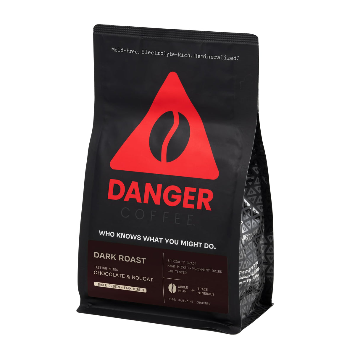 Danger Coffee dark roast bag highlighting premium, farm-direct beans.