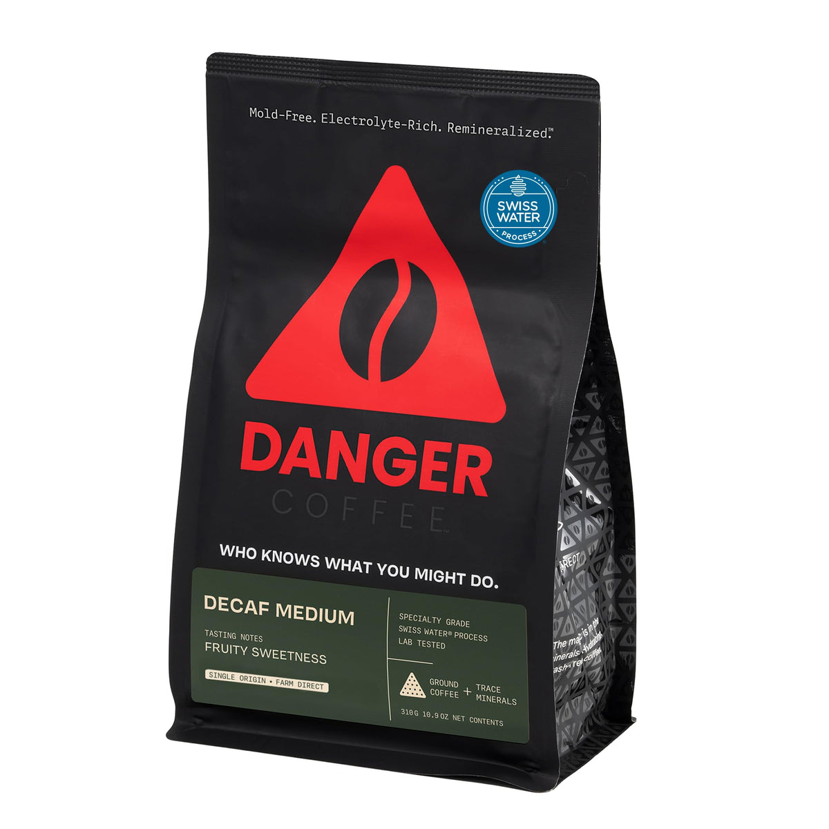 Danger Coffee decaf ground bag closeup showing Swiss Water process and rich aroma.