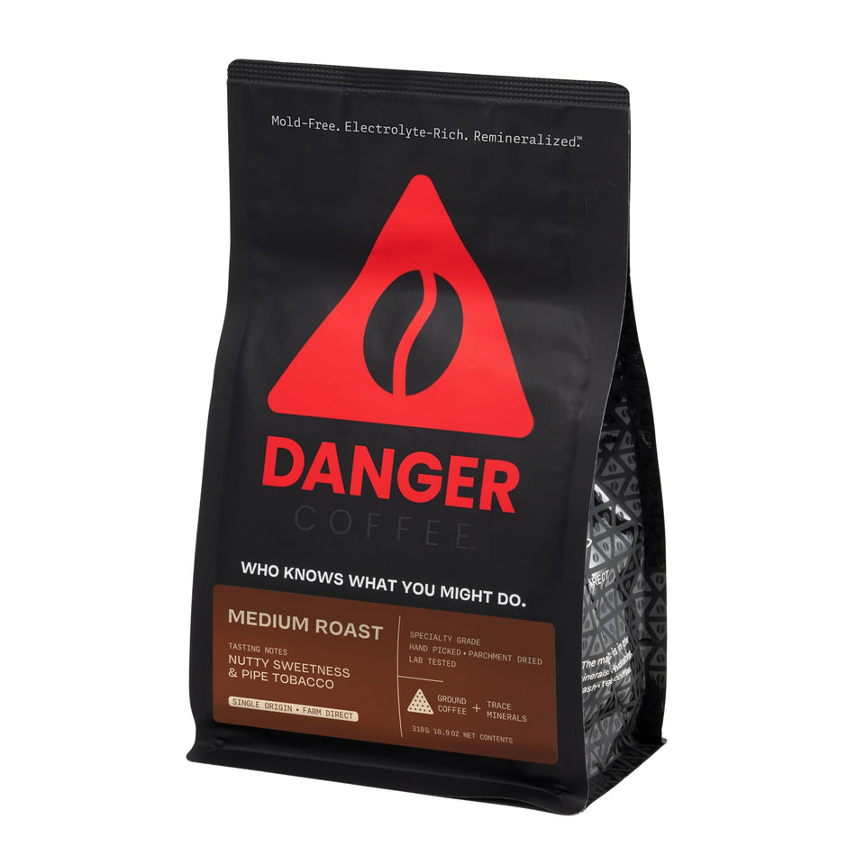 Danger Coffee ground bag remineralized for richer flavor and minerals.