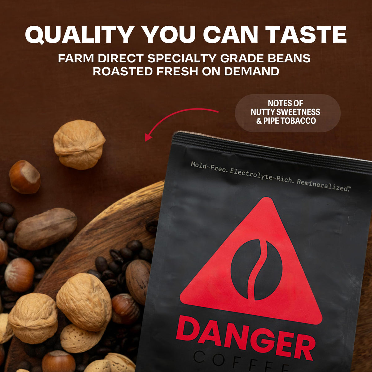 Graphic illustrating Danger Coffee remineralization with minerals.