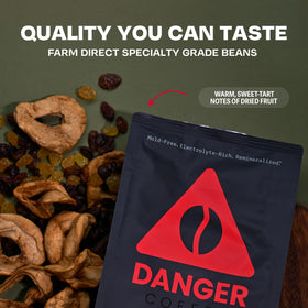 Danger Coffee mineral-remineralized beans highlight 50+ minerals for potential hydration support.