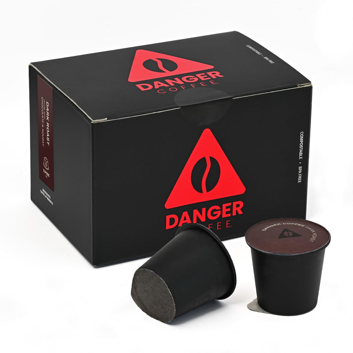 Danger Coffee dark roast pod packaging for eco-friendly brewing.