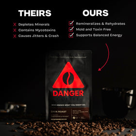 Danger Coffee remineralization process visual emphasizing mineral-rich brew.