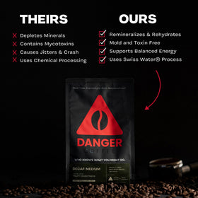 Danger Coffee steaming cup aroma captures fruity notes and inviting fragrance.