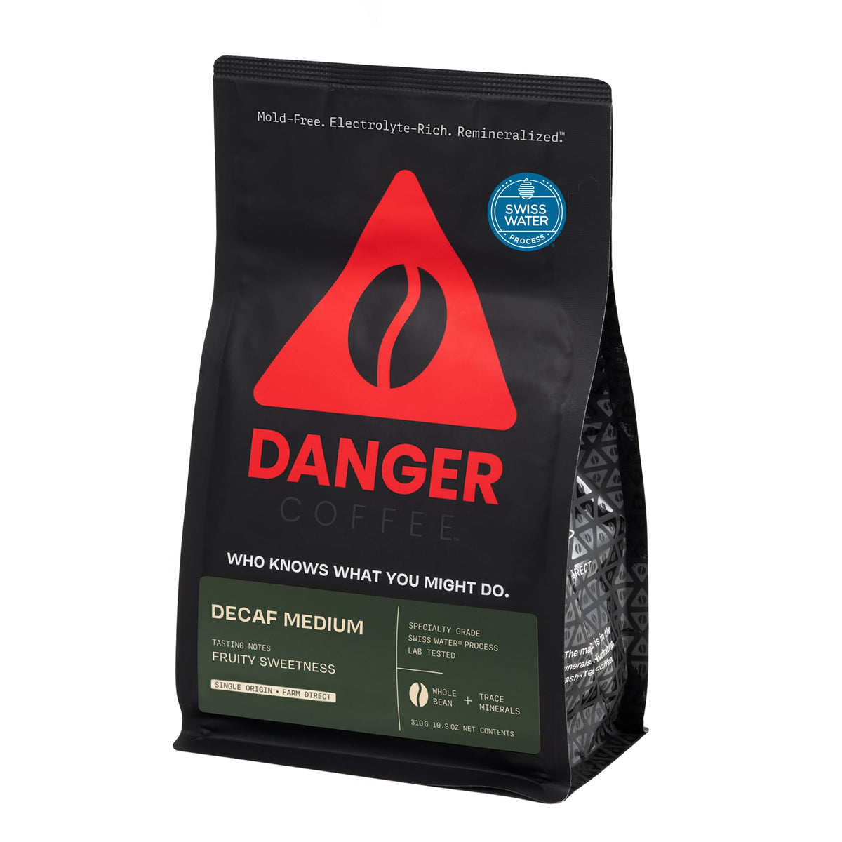 Danger Coffee Swiss Water decaf whole bean bag branding for a pure decaf experience.