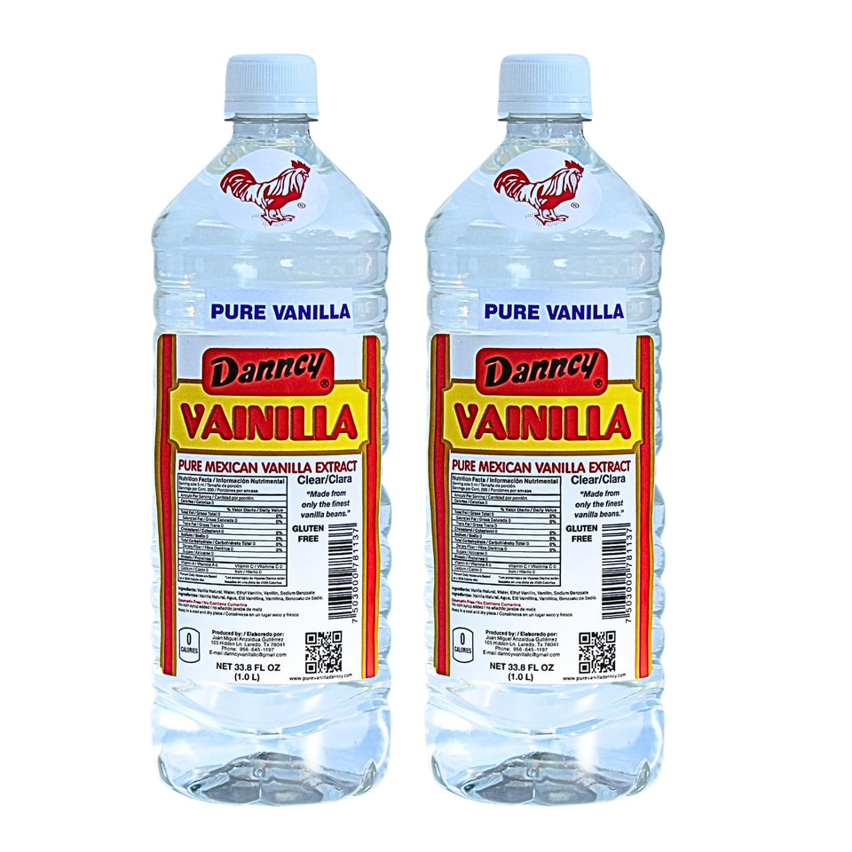 Danncy Vanilla Clear 1L bottle close-up showing rich vanilla flavor for baking.