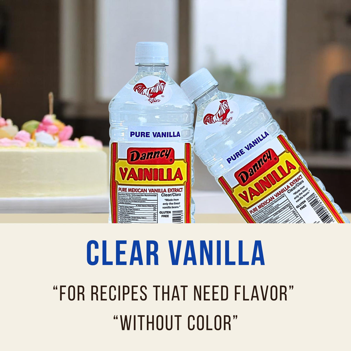 Danncy Vanilla Clear in a kitchen with cakes and coffee, showcasing versatility.