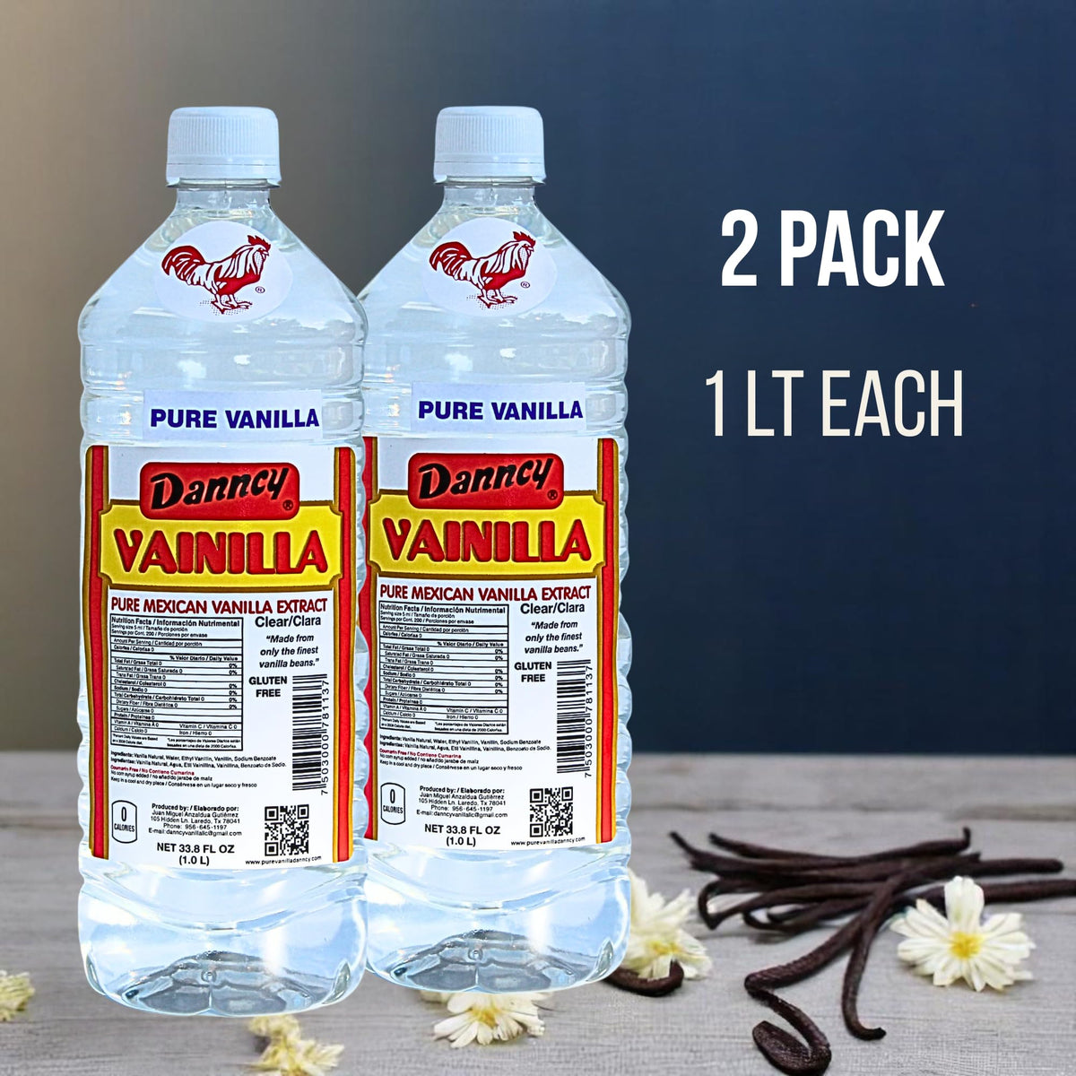 Two 1L Danncy Vanilla Clear bottles packed for home bakers and cafes.