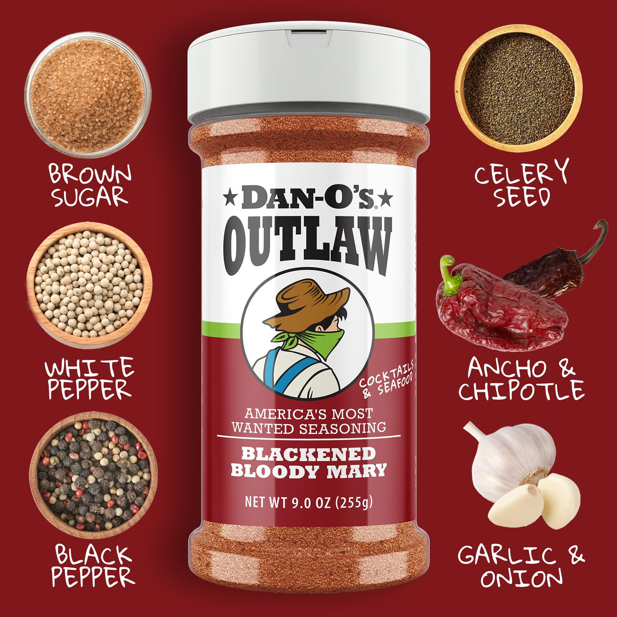 Dan-O's Outlaw Blackened Bloody Mary seasoning delivers smoky heat for brunch and cocktails.