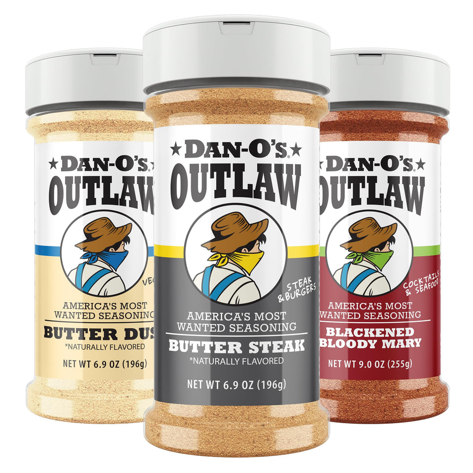 Dan-O's Outlaw Butter Dust bottle pour delivers buttery flavor for popcorn and veggies.