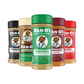 Dan-O's 5-bottle set box on kitchen counter for versatile flavor ideas.