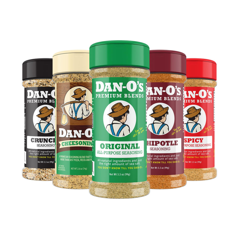 Dan-O's 5-bottle set box on kitchen counter for versatile flavor ideas.