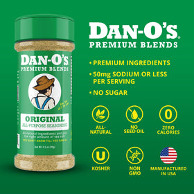 Dan-O's Original seasoning bottle enhances poultry and vegetables.