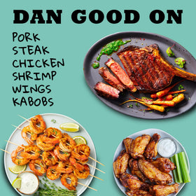 Dan-O’s Sweet Caribbean dusted on shrimp and kabobs on grill