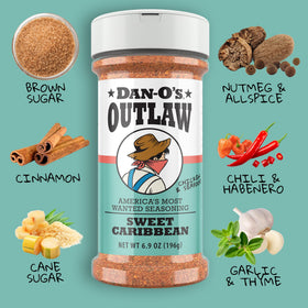 Dan-O’s Outlaw BBQ Sweet Caribbean bottle close-up, adds island citrus to seafood