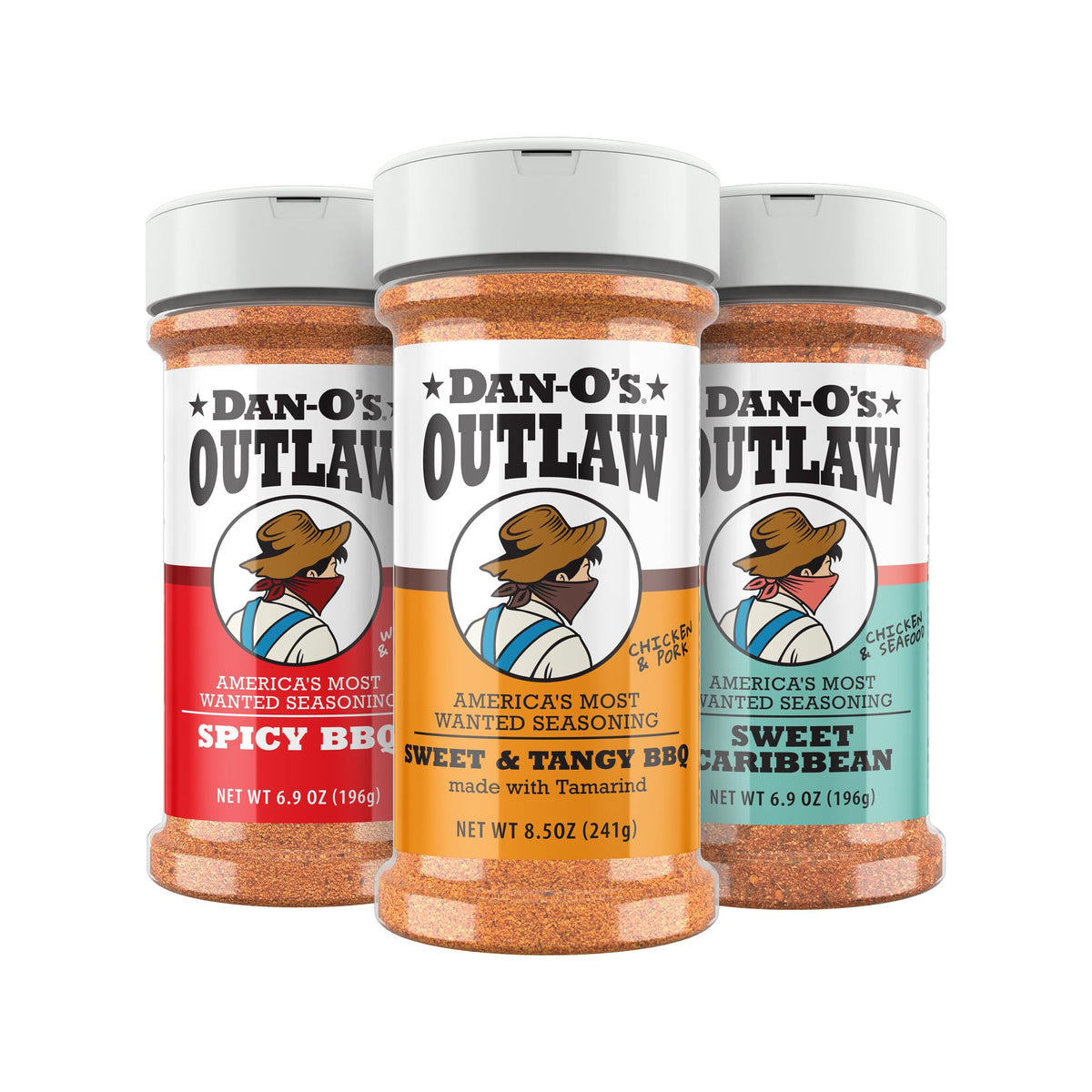 Dan-O’s Outlaw BBQ variety pack on counter, ideal for versatile backyard grilling
